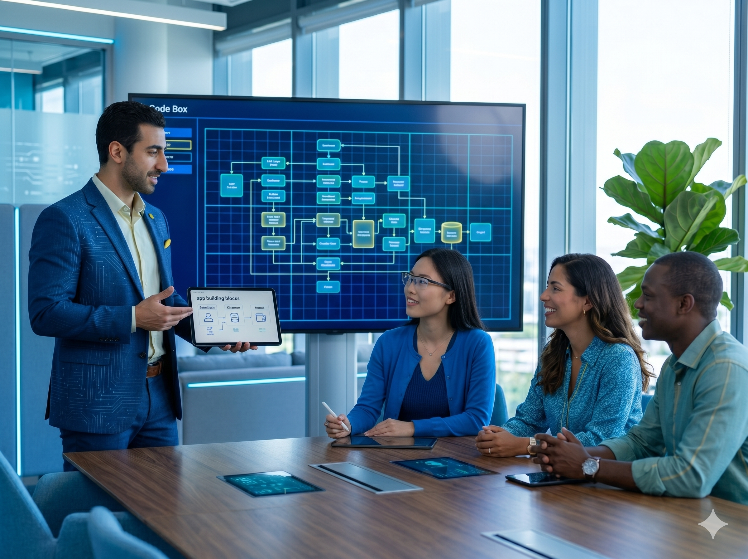 Consultant presenting an AI workflow diagram to a team